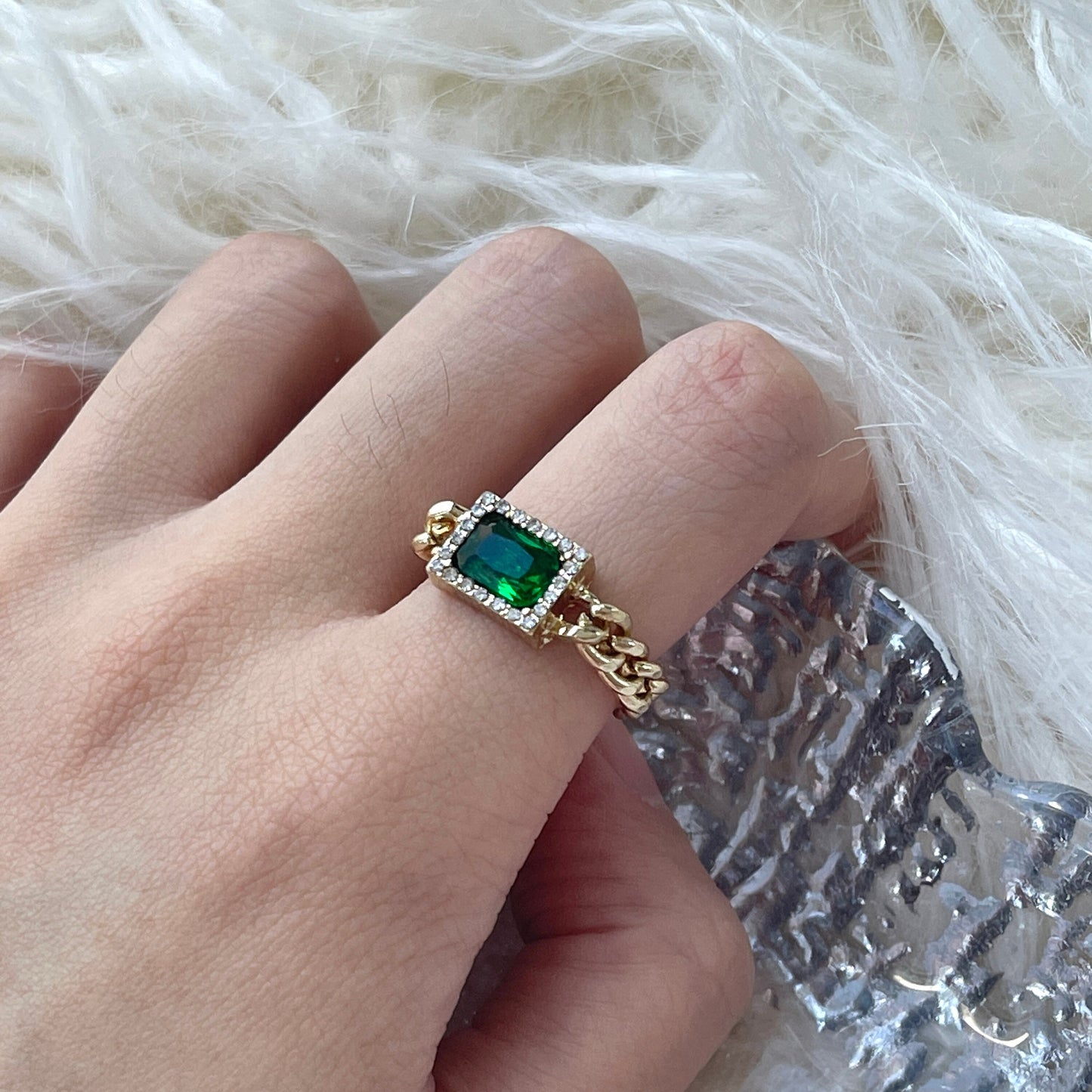 Green Emerald Gold Cuban Chain Ring, Rectangle Green Emerald Ring, Chunky Ring, Nature Energy Ring, Knuckle Finger Ring, Handmade Gift Idea