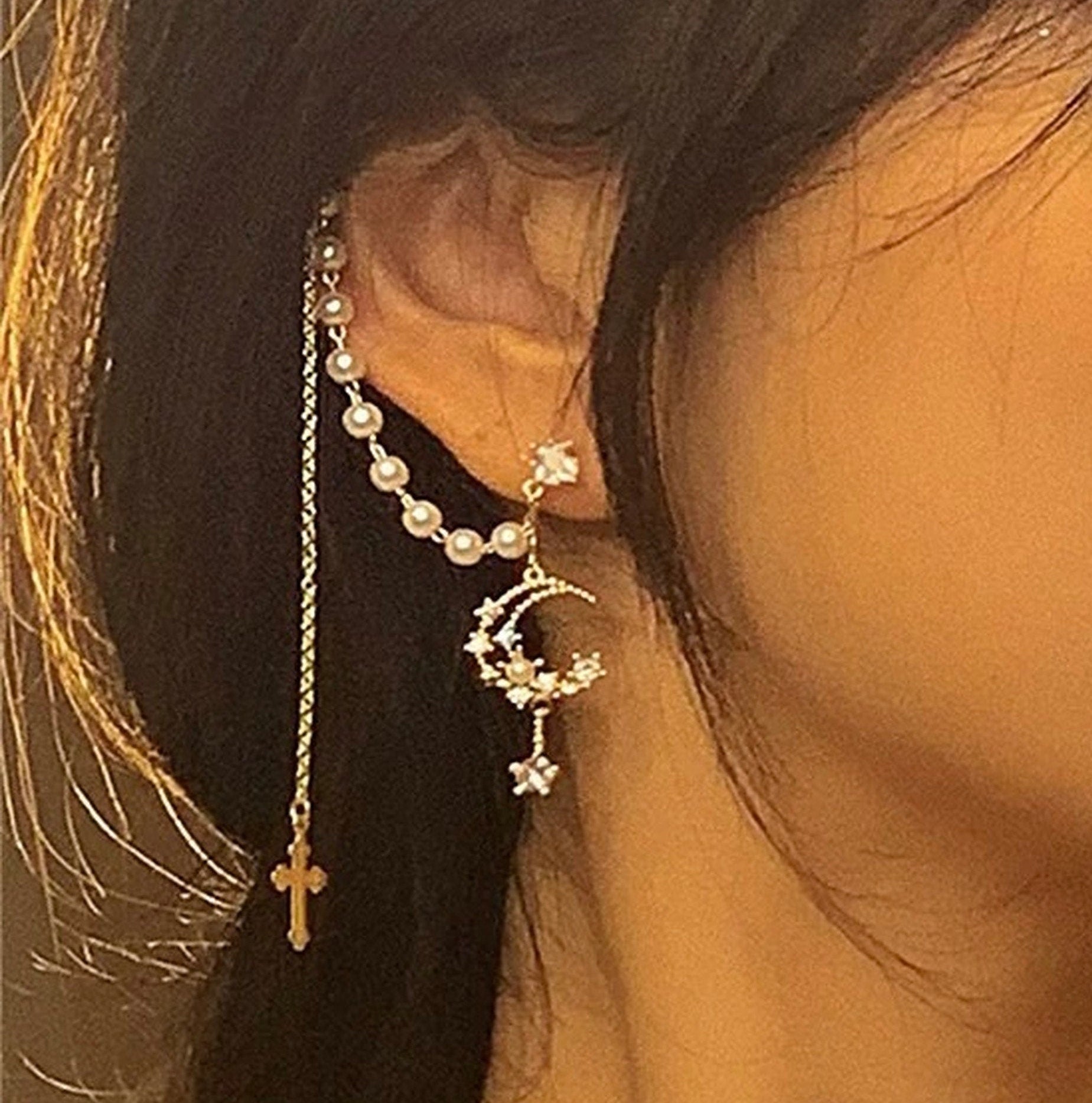 Ear Waps Stunning Crescent Moon Dangle Tassel Ear Wrap Cuff - Golden Star Helix ...