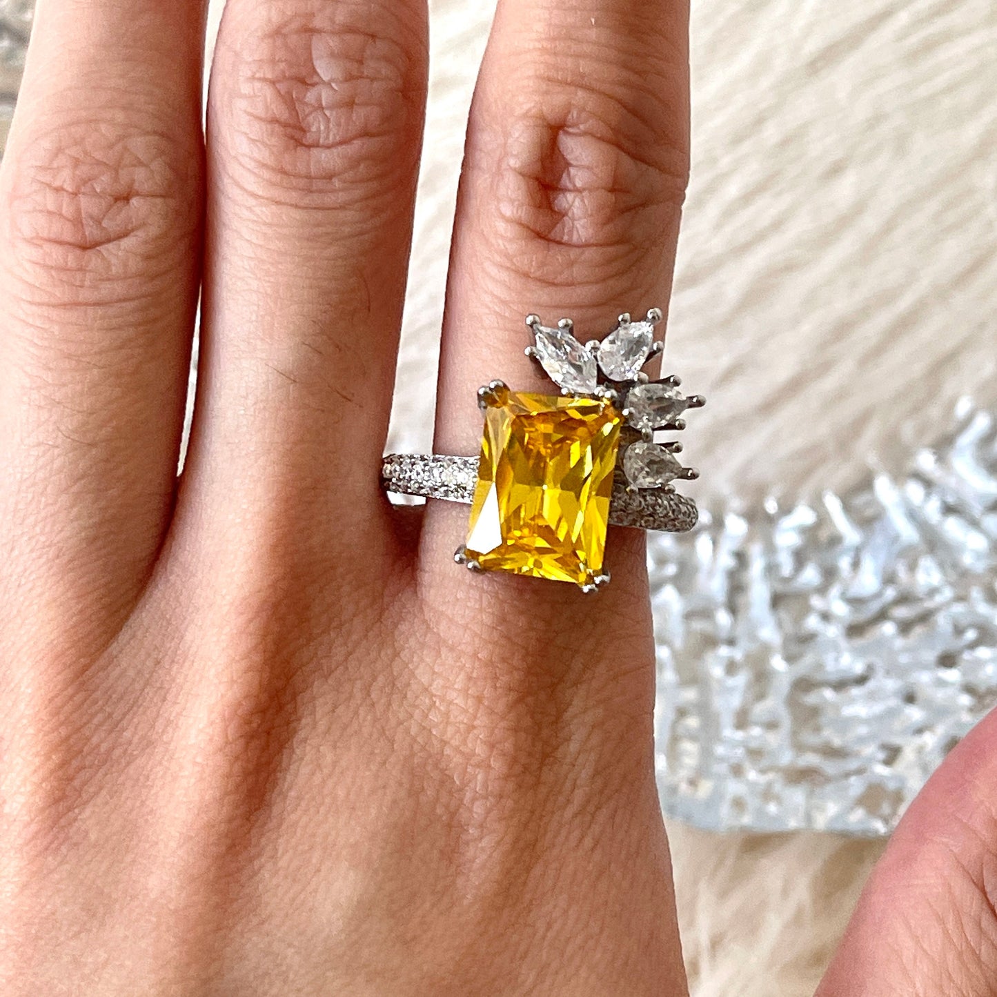 Yellow Diamond Ring, Lab-created Diamond Ring, Celebrity Ring, Vine Leaf Yellow Zircon Ring, Statement Promise Ring, Sterling Silver Ring
