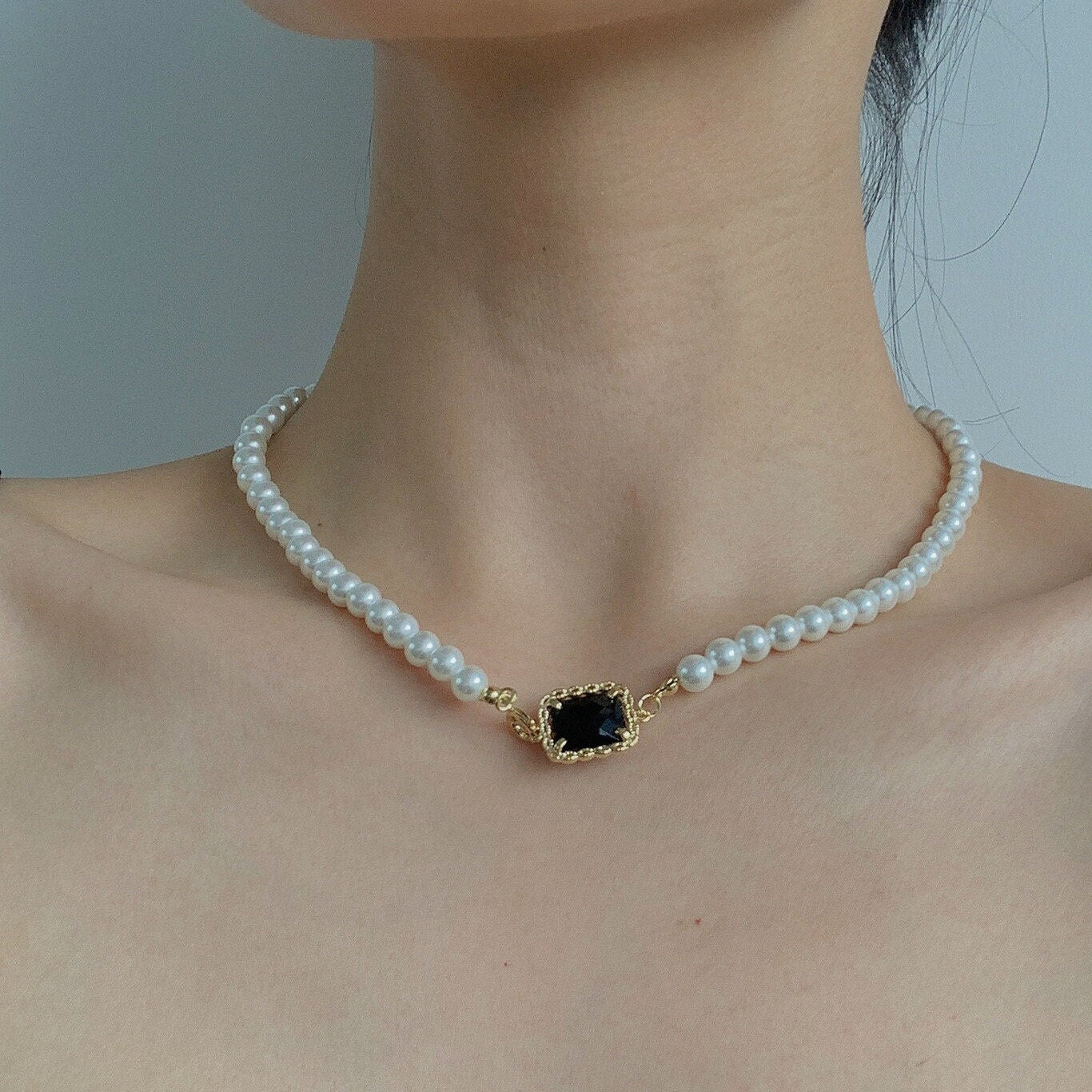 Pearl beaded choker, 14k gold lace necklace, Gothic necklace with black charm, gold lace choker, unique pearl necklace, wedding jewelry gift