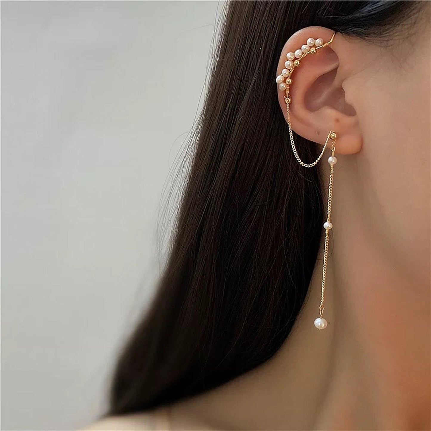 Pearl gold ear wrap, Floral ear cuff, Pearl ear climber, Floral ear cuff, Long dangle earrings, Minimalist ear climber, Bridesmaid earrings