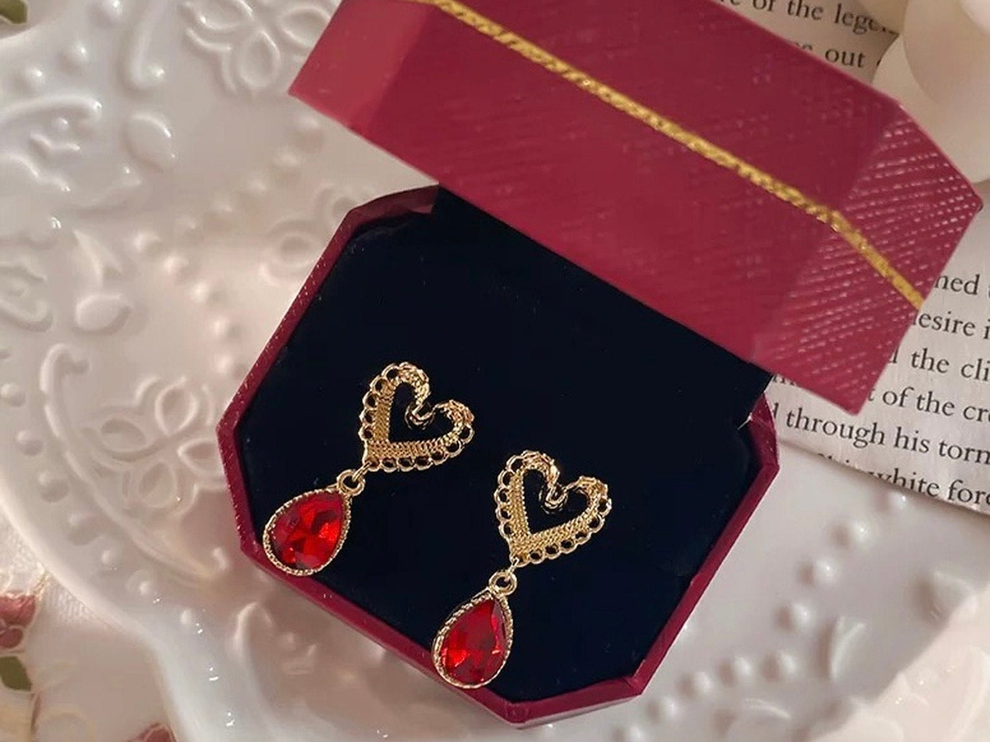 Red Heart Earrings, Romantic Gold Earrings, Red Dangle Earrings, Party Earrings, Gold Lace Earrings, Bridesmaid Anniversary Gift for her