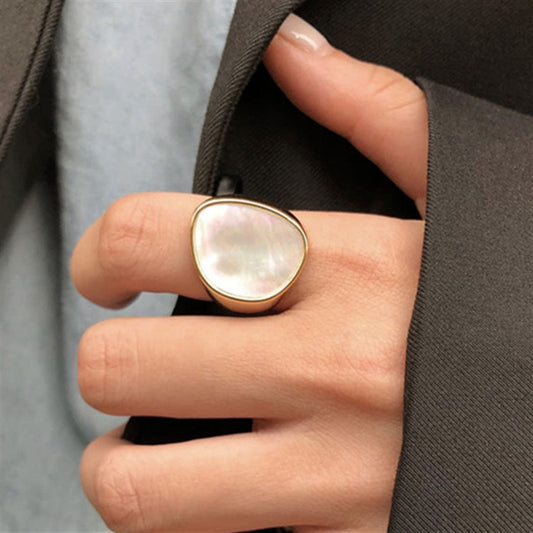 Mother of Pearl White Statement Signet ring - Chunky Fashion Cocktail Ring - Energy Power