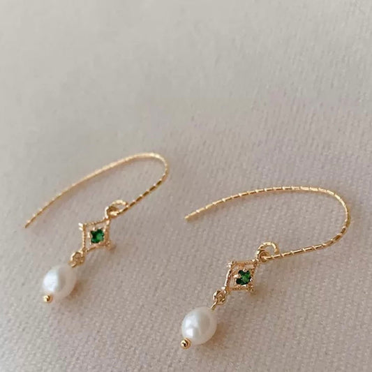 Green Emerald Pearl Dangle Gold Lace Earrings | Handmade Dainty Emerald Ear Wire Earrings