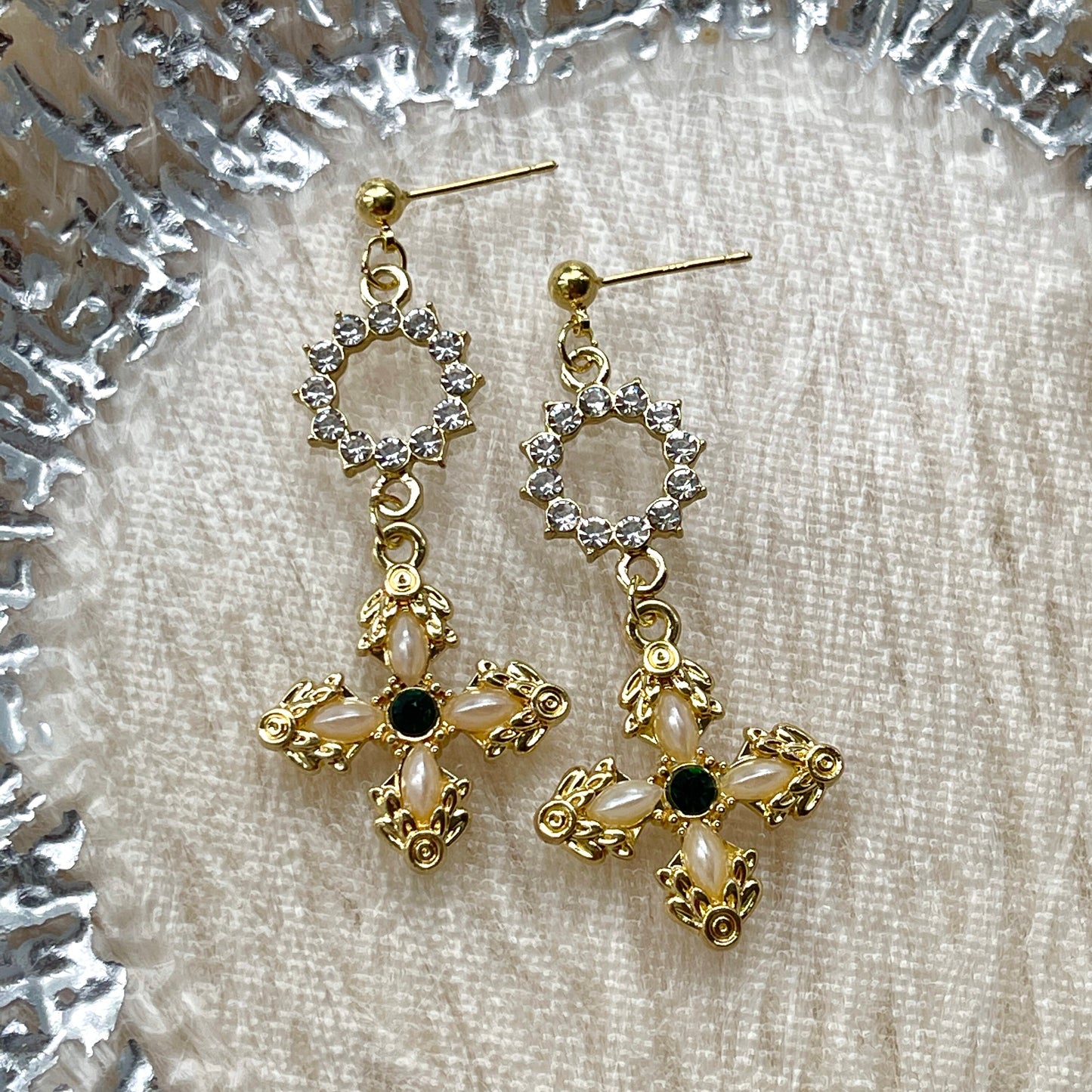 Gothic cross emobossed earrings, Gold cross dangle earrings, Victorian Medieval earrings, Vintage statement earrings, Delicate handmade gift