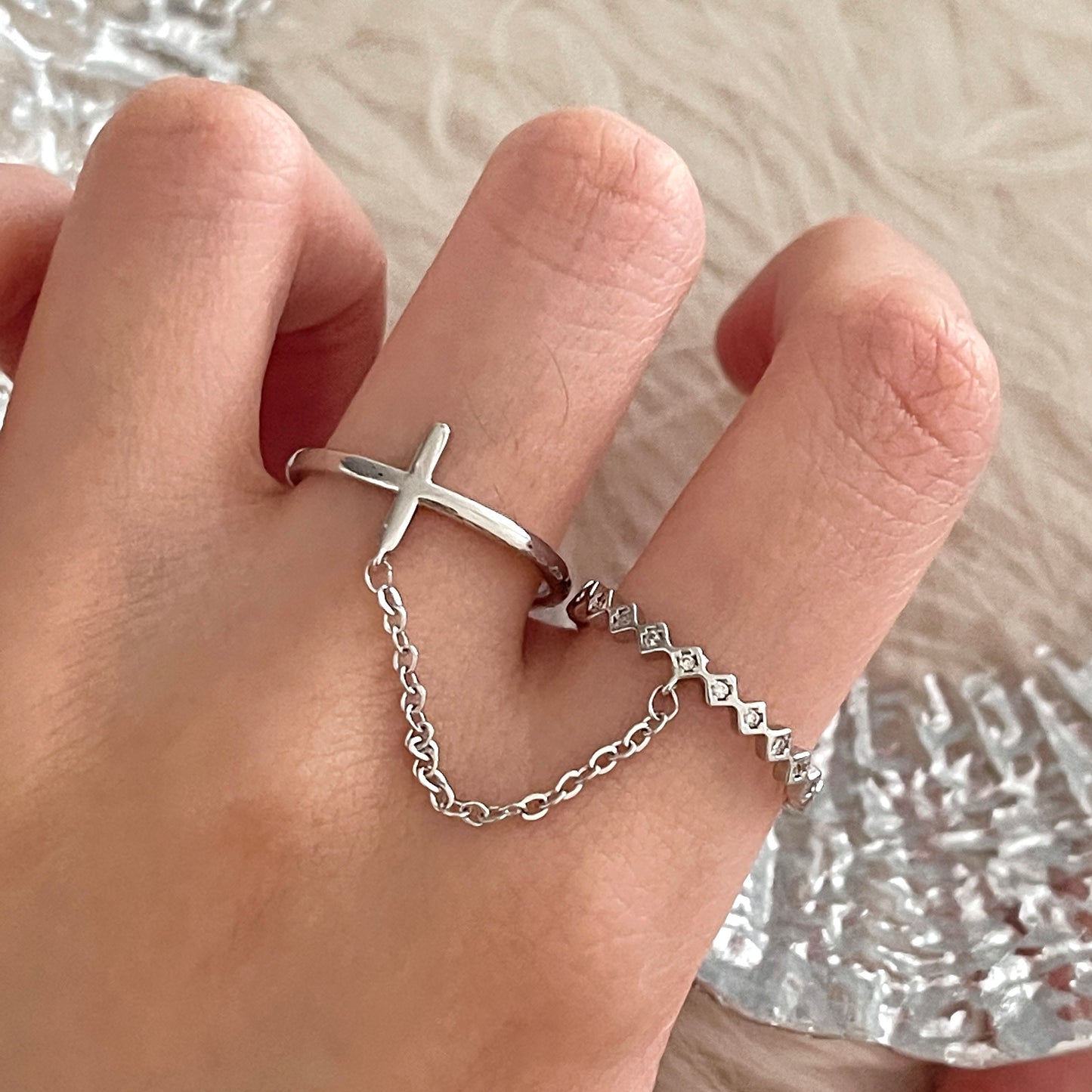 Gothic Cross Rings, Link Chain Rings, Double Duo Rings, Knuckle Ring, Punk Rings, Silver Cross Ring, Cool Ring, Streetwear Ring, Y2K Ring