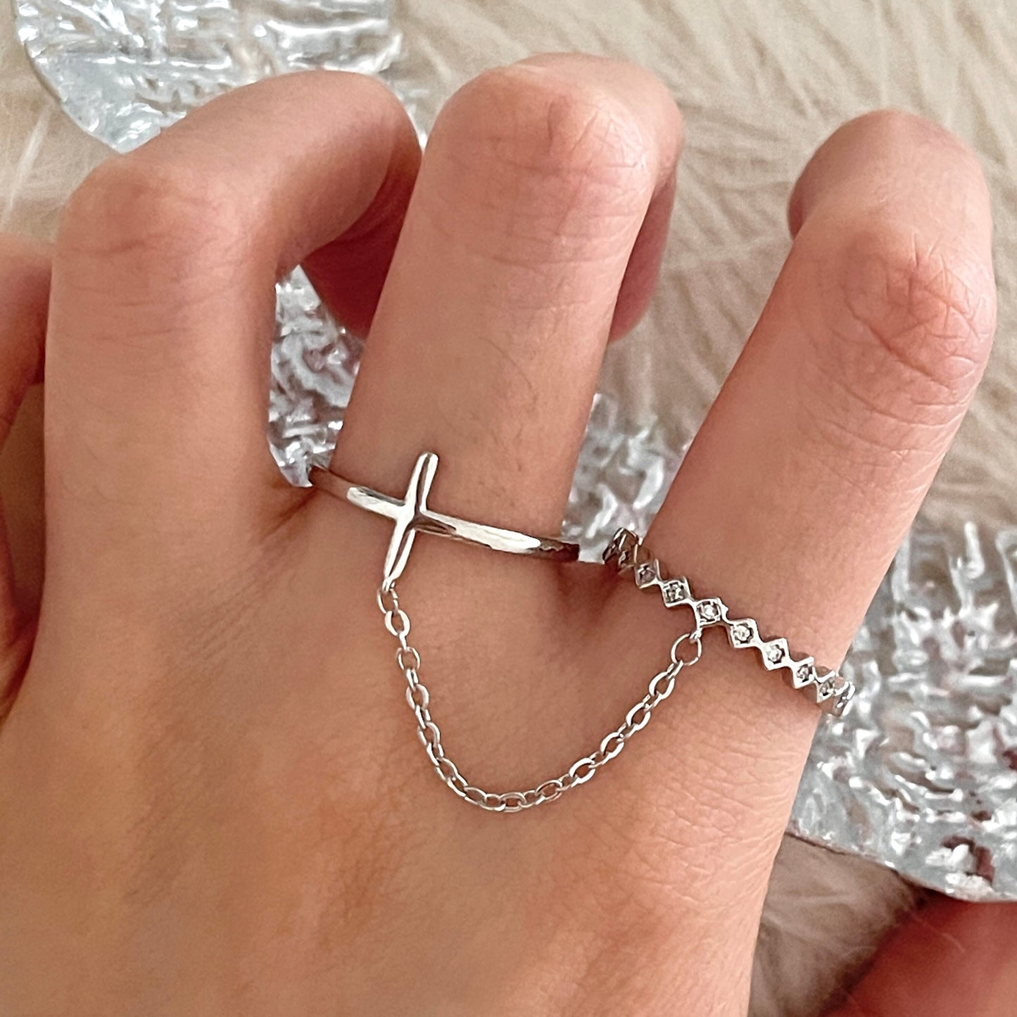 Gothic Cross Rings, Link Chain Rings, Double Duo Rings, Knuckle Ring, Punk Rings, Silver Cross Ring, Cool Ring, Streetwear Ring, Y2K Ring