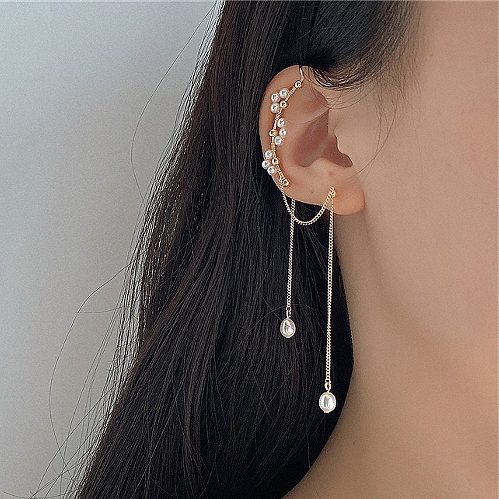 Handmade Natural Pearl Floral Ear Wrap Multi Layer Dangle Cuff Earrings Bridesmaid Wedding Earrings