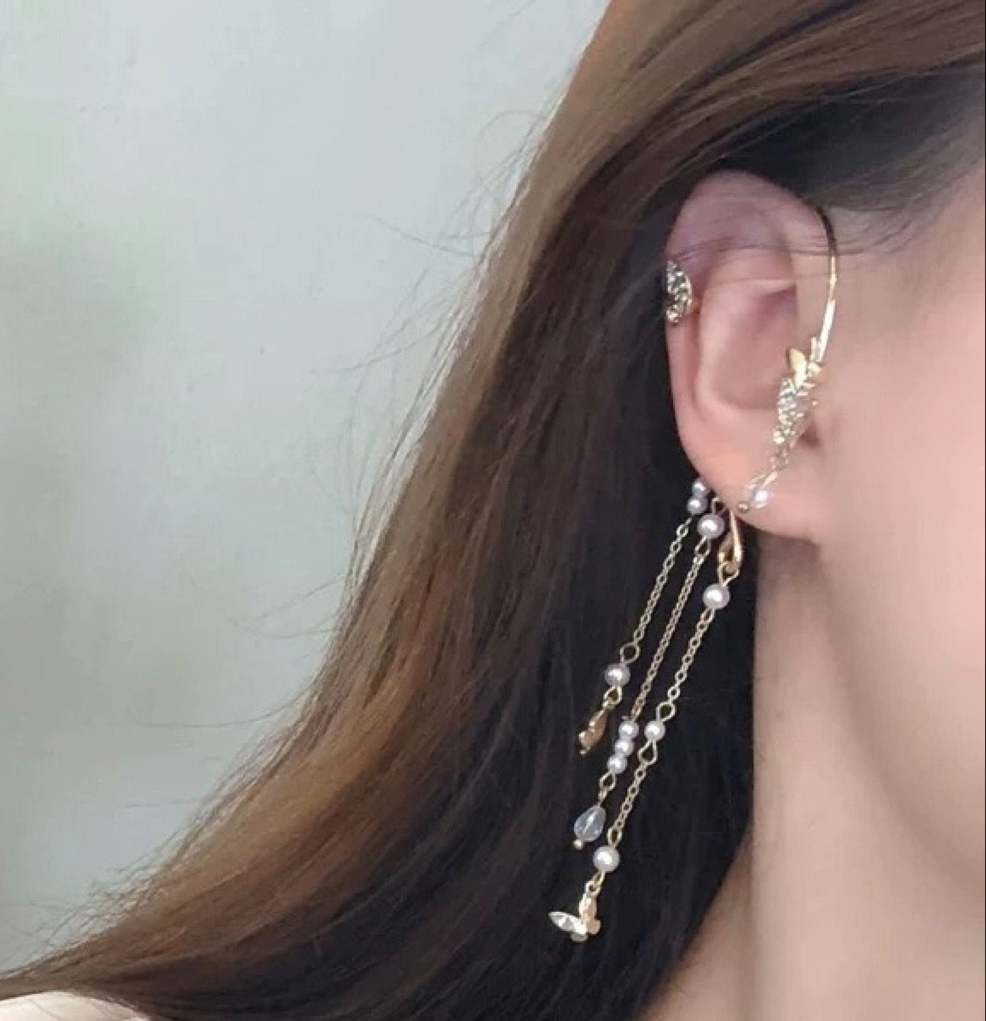 No Pierce Gold Butterfly Dangle Ear Wrap Bohemian Long Pearl Tassel Charm Ear Climber Cuff
