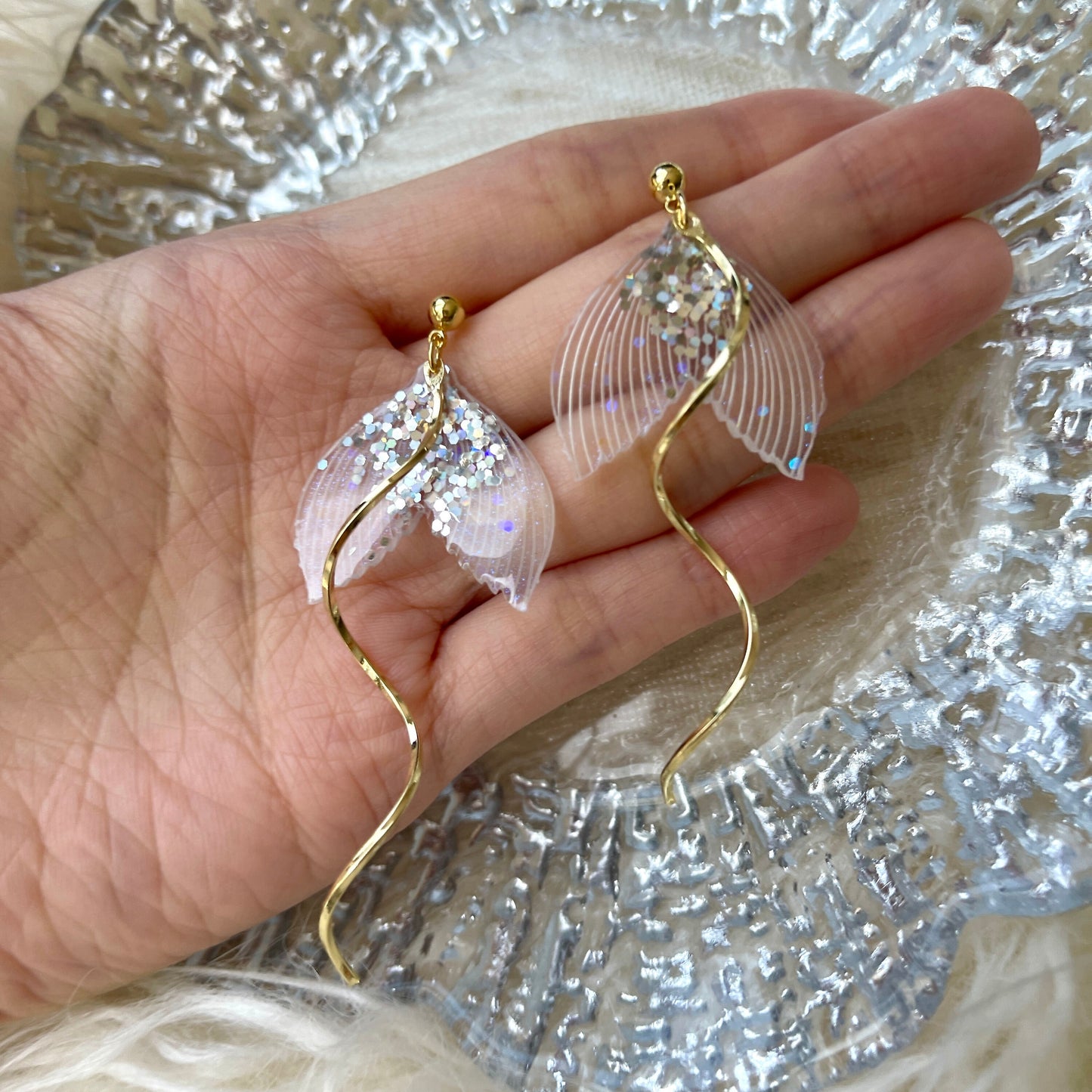 Little Mermaid Earrings, Gold Spiral Dangle Earrings, Ariel Princess Earrings, Sparkle Resin Studs, Fairy Statement Earrings, Birthday Gift