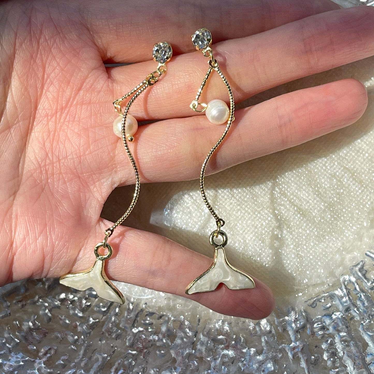 Mermaid Tail Earrings, Natural Pearl Earrings, Gold Spiral Dangle, Rhinestone Earrings, Ocean Creature Earrings, Mermaid Earrings, Nautical