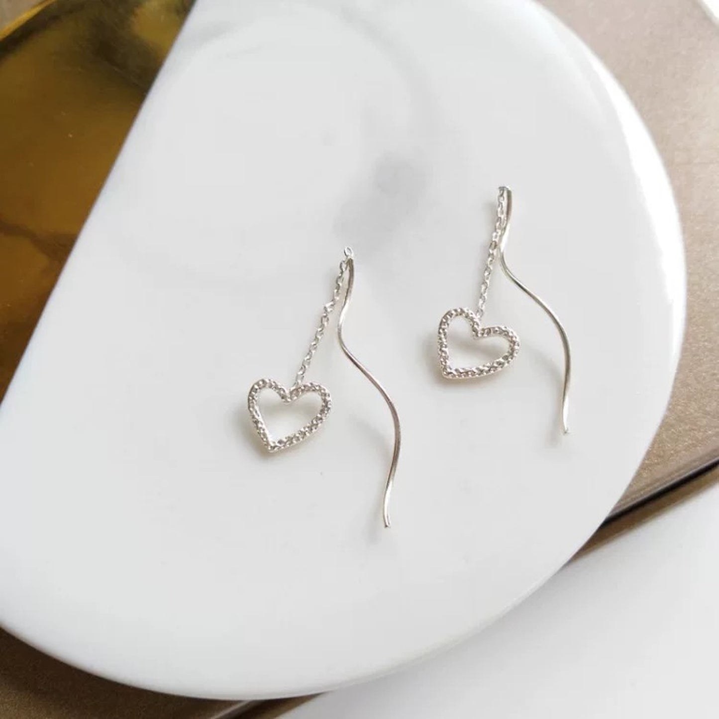 Dainty silver threader earrings, Spiral wave earrings, Minimalist heart earrings, Silver bridesmaid wedding earrings, Dainty charm threaders