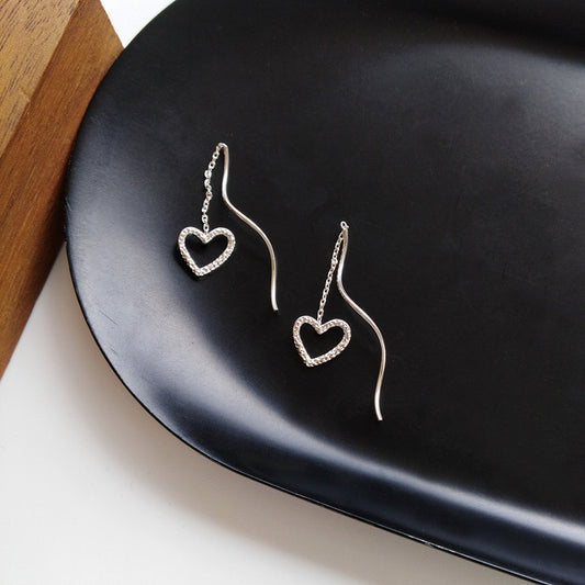 Dainty silver threader earrings, Spiral wave earrings, Minimalist heart earrings, Silver bridesmaid wedding earrings, Dainty charm threaders