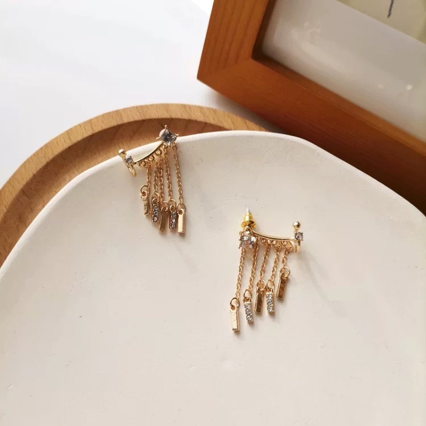 Gold fringe tassel earrings, Dangly conch ear cuff, Rhinestone ear climber crawler, Minimalist ear cuff, Boho bridesmaid wedding earrings
