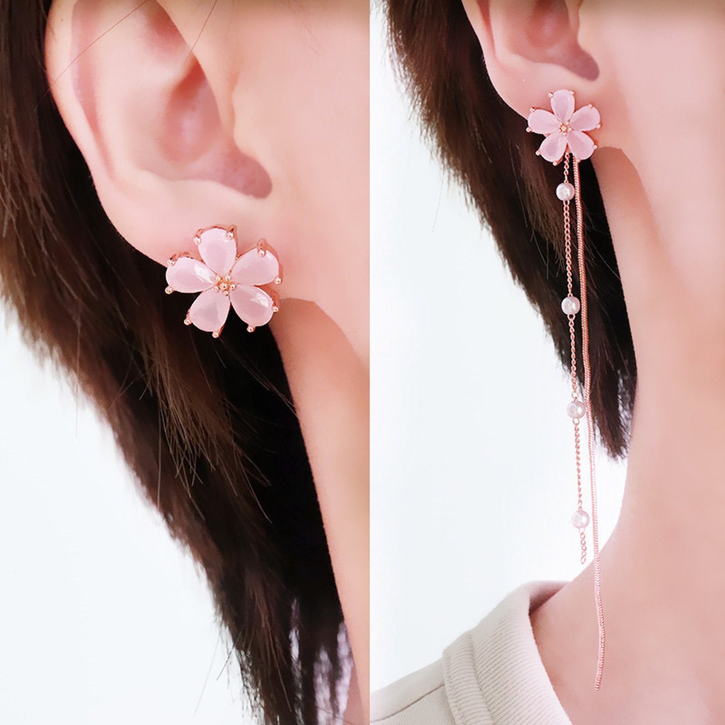 2 Ways pink cherry blossom earrings, Rose gold DIY floral earrings, Pearl drop dangle earrings, Long fringe earrings, Sakura flower earrings