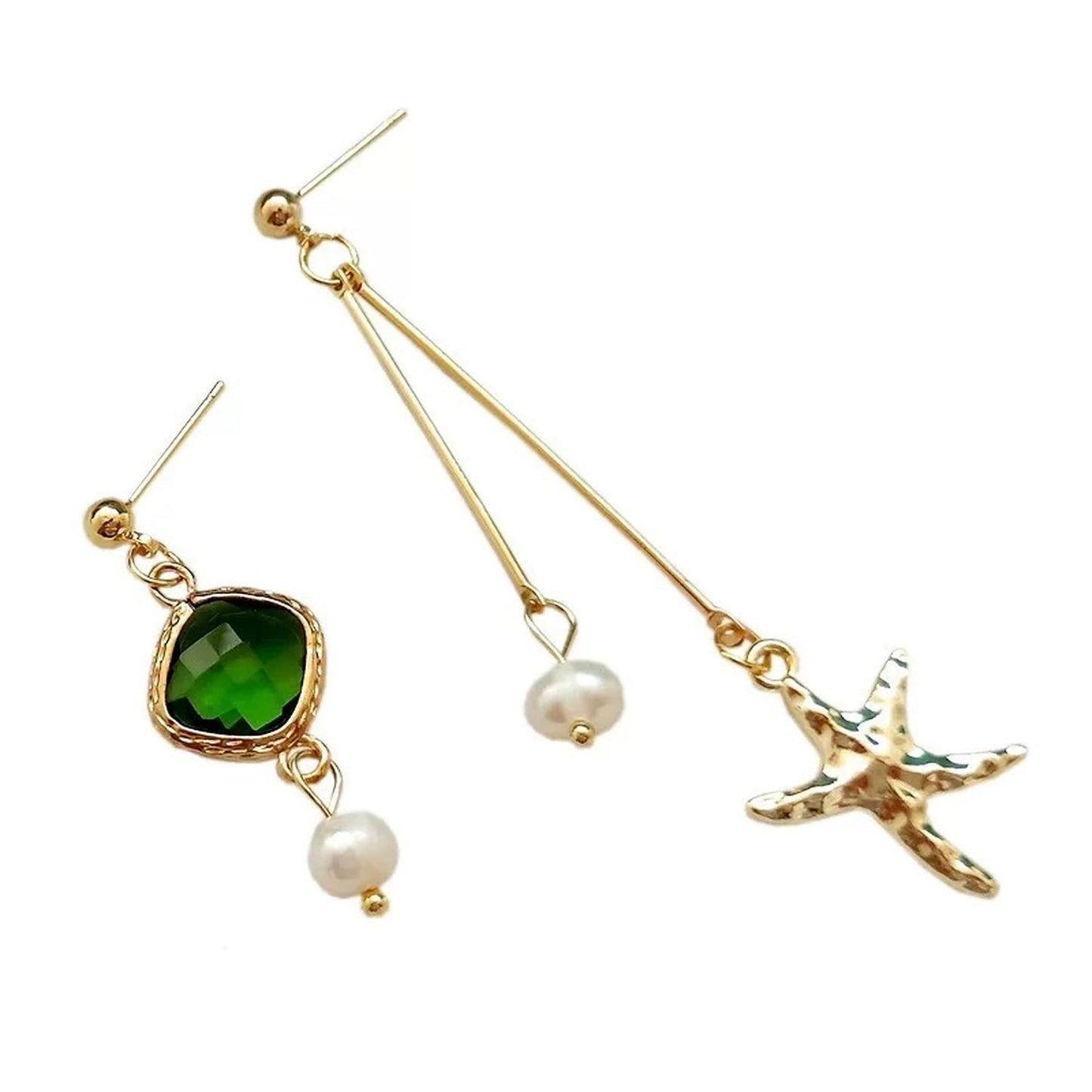 Sea star earrings, Green amber earrings, Mismatched earrings, Natural real pearl dangle drop, Golden star earrings, Gold fishstar earrings