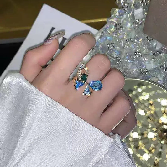 Flying Butterfly Gold Lace Ring | Beautiful Green Blue Crystal Statement Ring