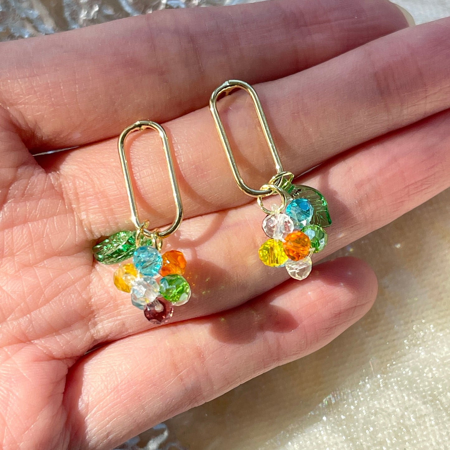 Flower Leaf Earrings, Gold Pin Earrings, Cluster Rainbow Crystal Drop Earrings, Handmade creative DIY Bead Earrings, Holiday Gift Earrings