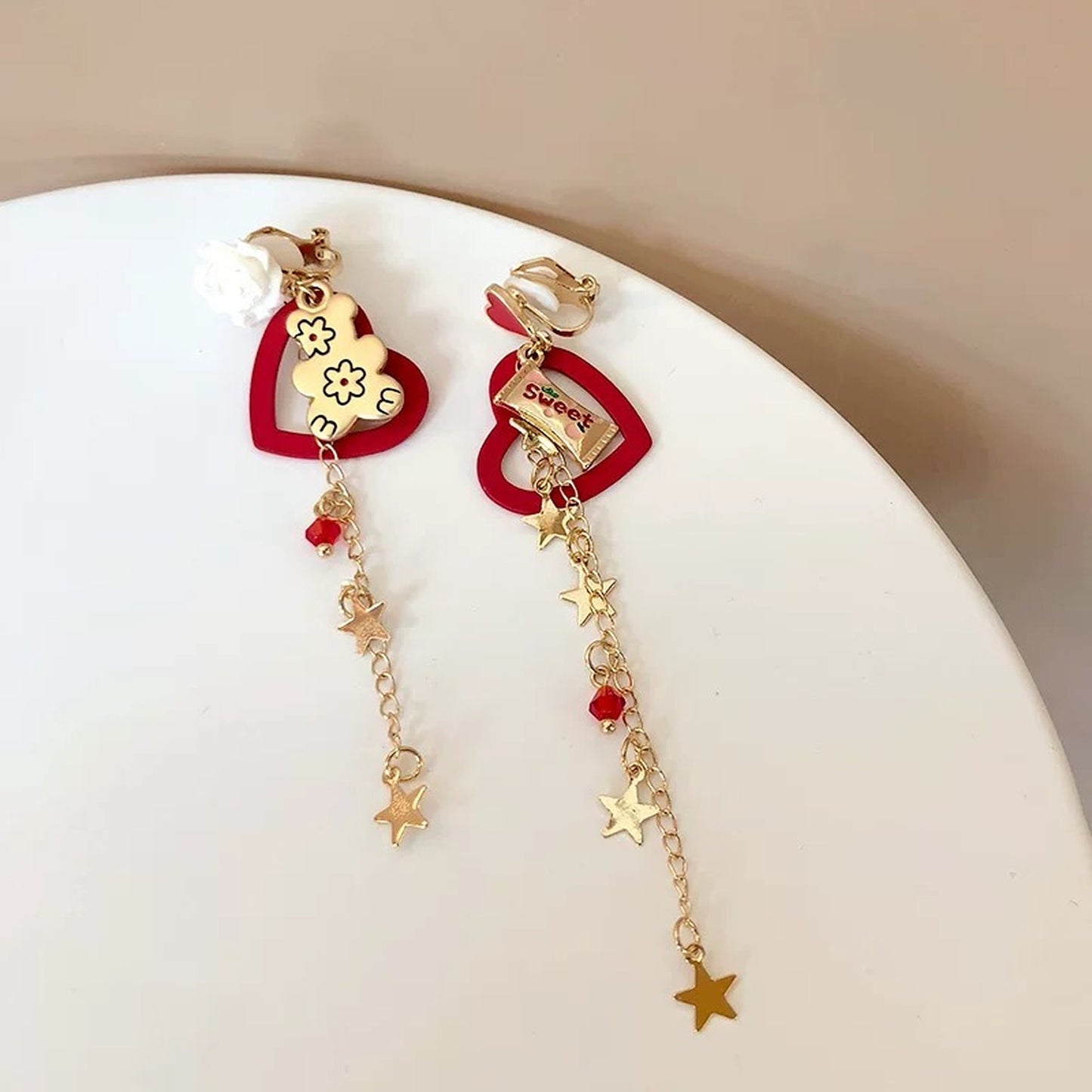 Sweet heart dangle earrings, Teddy bear earrings, Gold star earrings, Red heart earrings, Statement long dangle earrings, Candy earrings