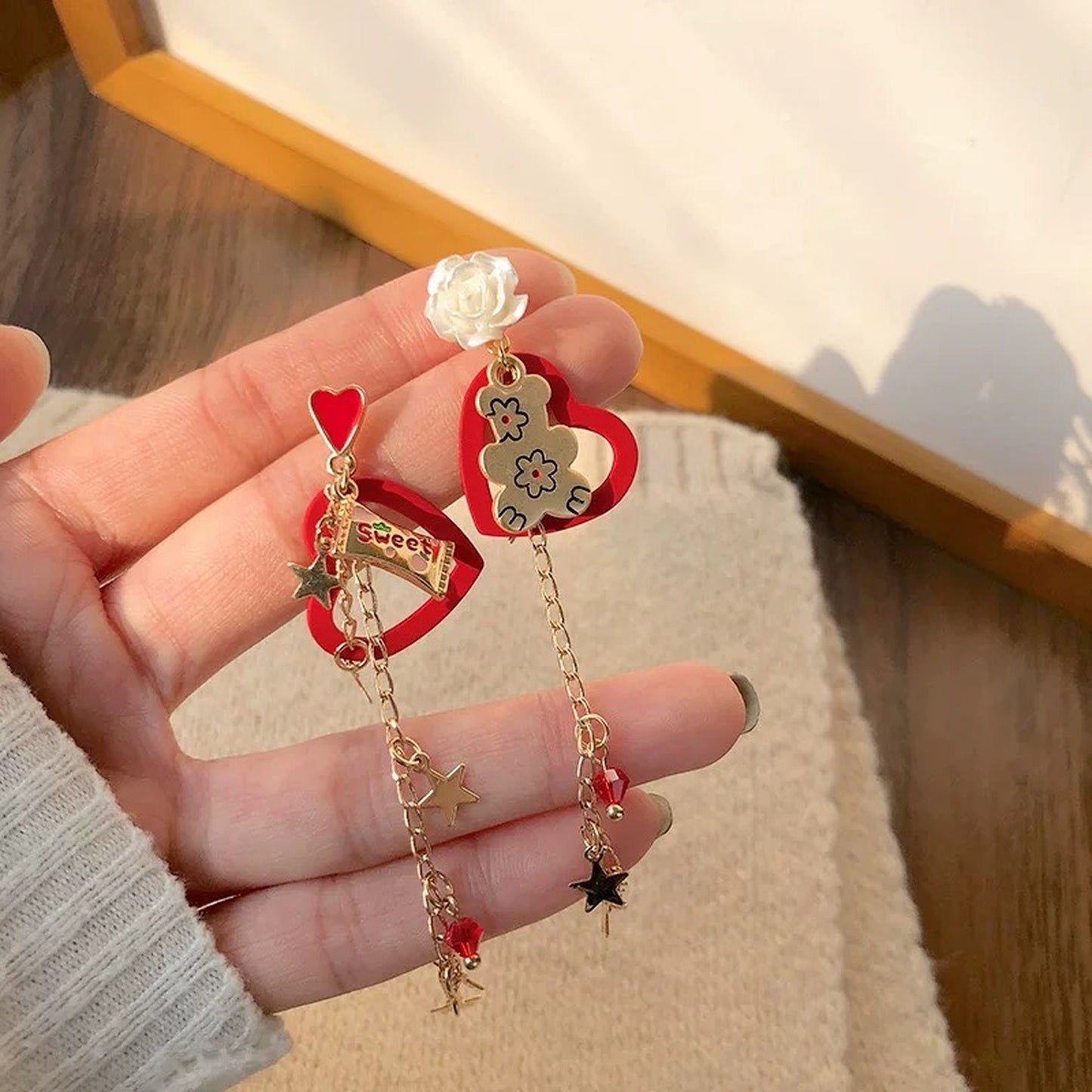 Sweet heart dangle earrings, Teddy bear earrings, Gold star earrings, Red heart earrings, Statement long dangle earrings, Candy earrings