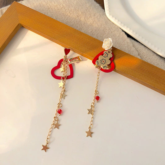 Sweet heart dangle earrings, Teddy bear earrings, Gold star earrings, Red heart earrings, Statement long dangle earrings, Candy earrings