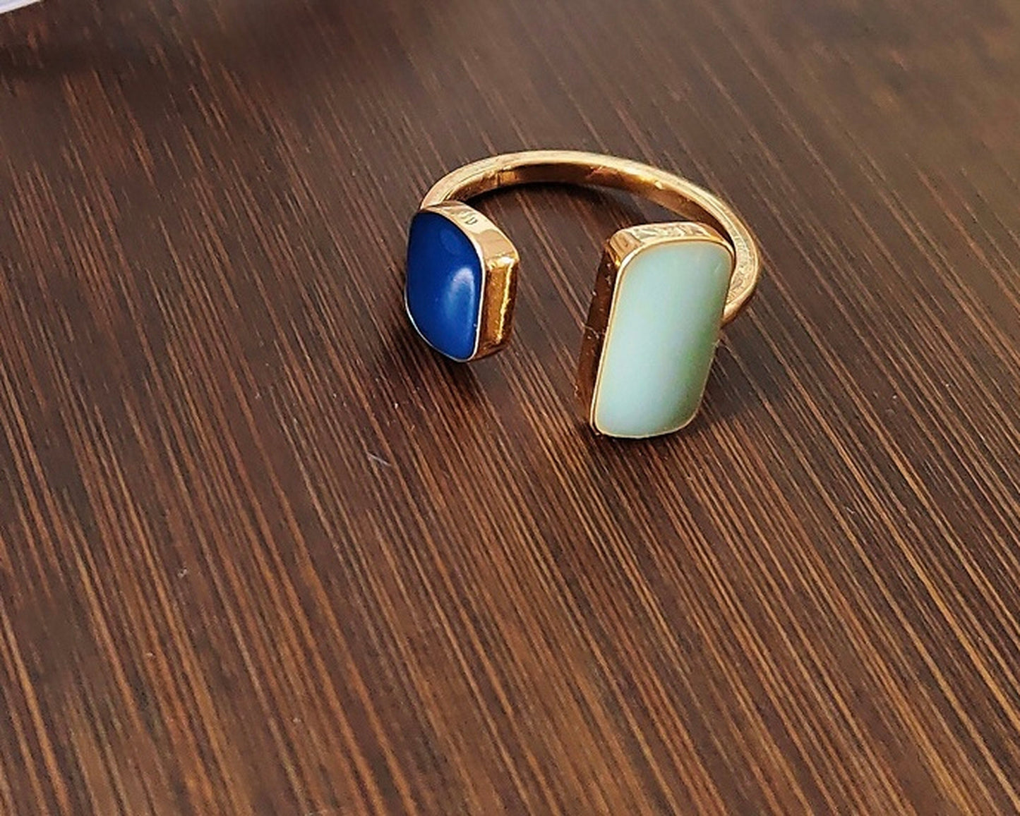 Geometric square signet ring, Blue rings, Avant Garde cocktail ring, Unisex mens rings, Gold open ring, Chunky rings, Unique birthday gift
