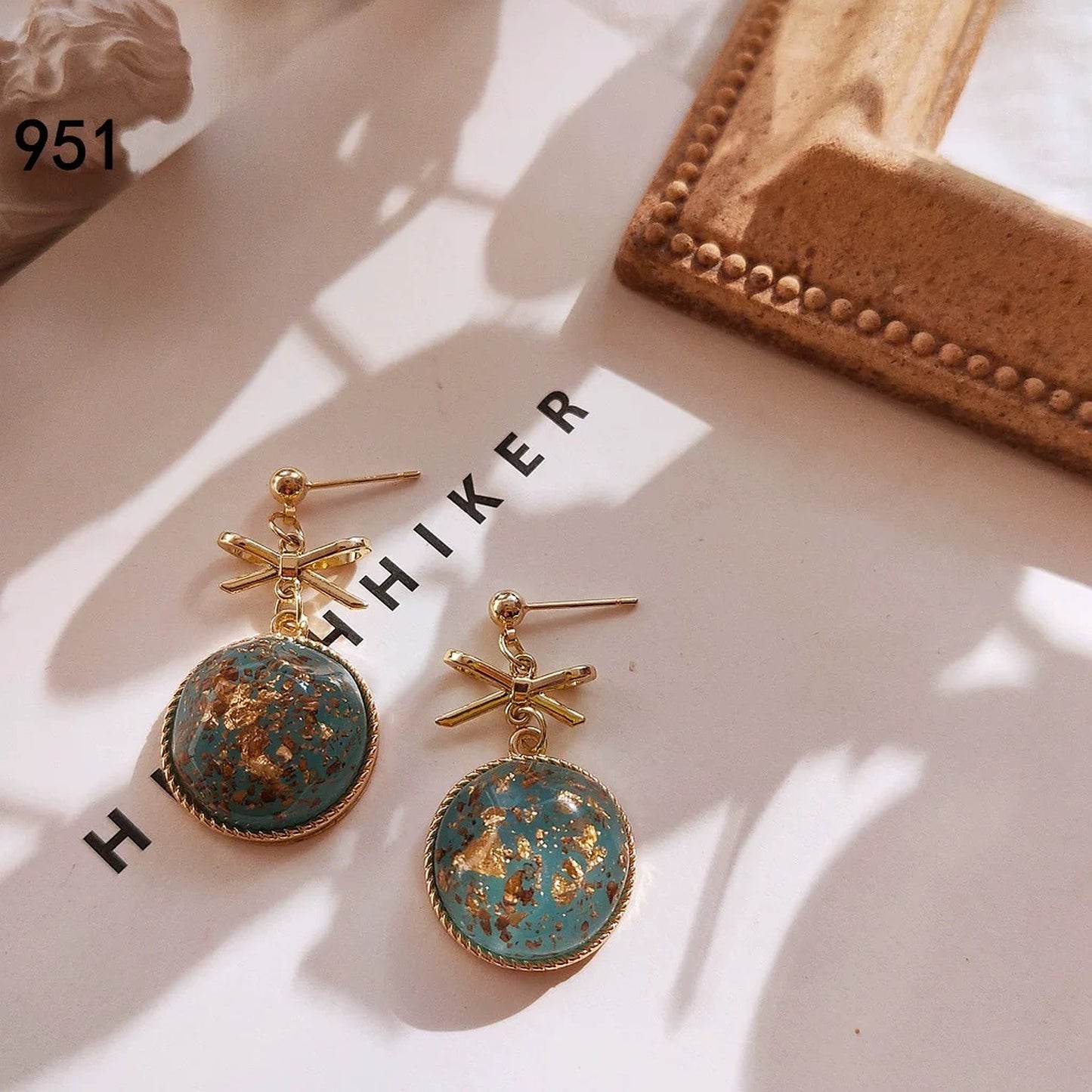 Dried pressed botanical resin earrings, Gold foil leaf jewelry, Round dome earrings, Blue flower earrings, Green vintage statement earrings