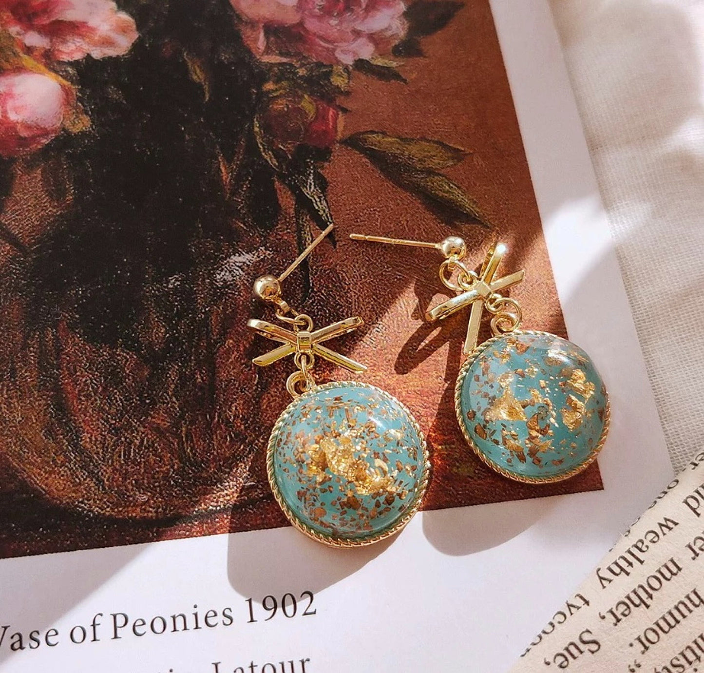 Dried pressed botanical resin earrings, Gold foil leaf jewelry, Round dome earrings, Blue flower earrings, Green vintage statement earrings