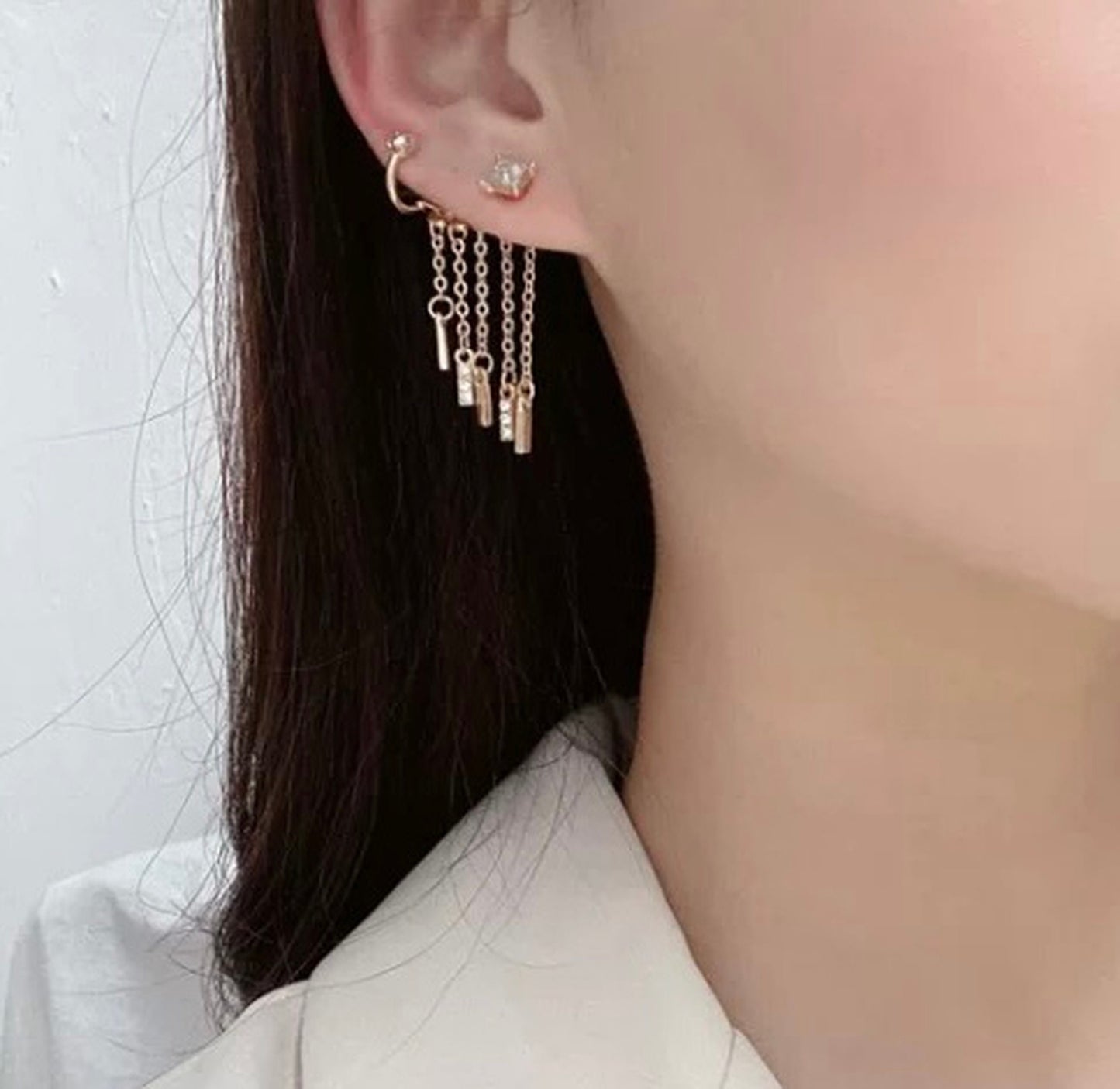 Gold fringe tassel earrings, Dangly conch ear cuff, Rhinestone ear climber crawler, Minimalist ear cuff, Boho bridesmaid wedding earrings