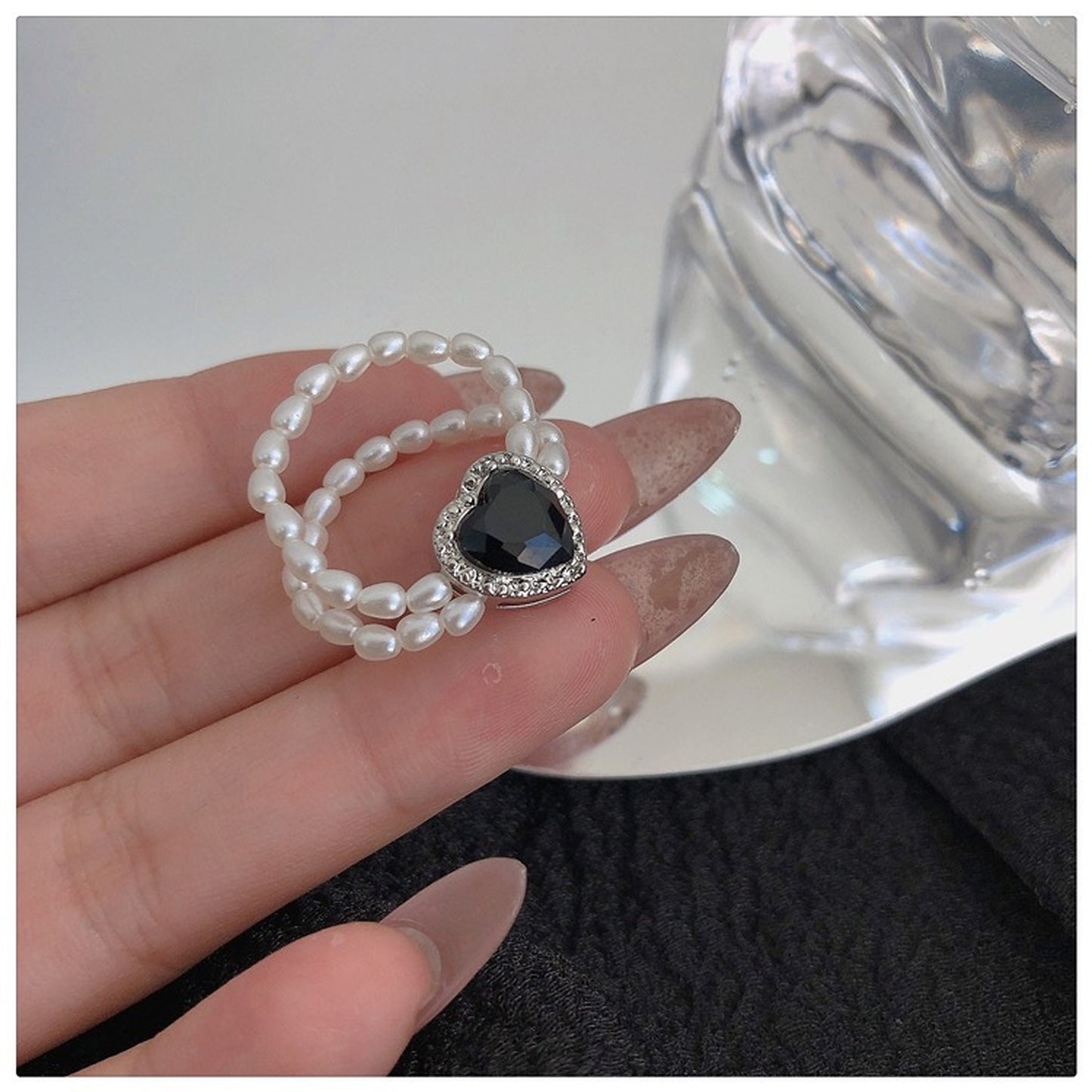 Handmade pearl ring, Double layer heart rings, Pearl beaded ring, Unique statement ring, Black spade ring, Y2K heart ring, Black heart ring