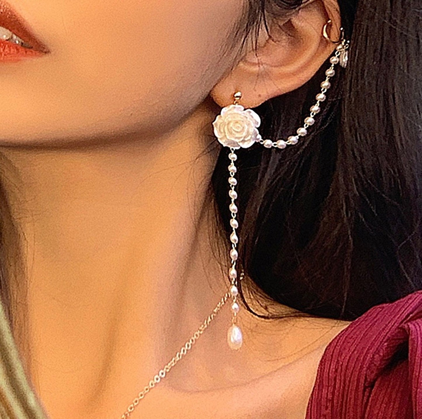 Flower rose cuff earrings, Pearl ear wrap, White floral ear cuff, Long dangle ear climber, Bridesmaid earrings gift, Vintage style ear cuff