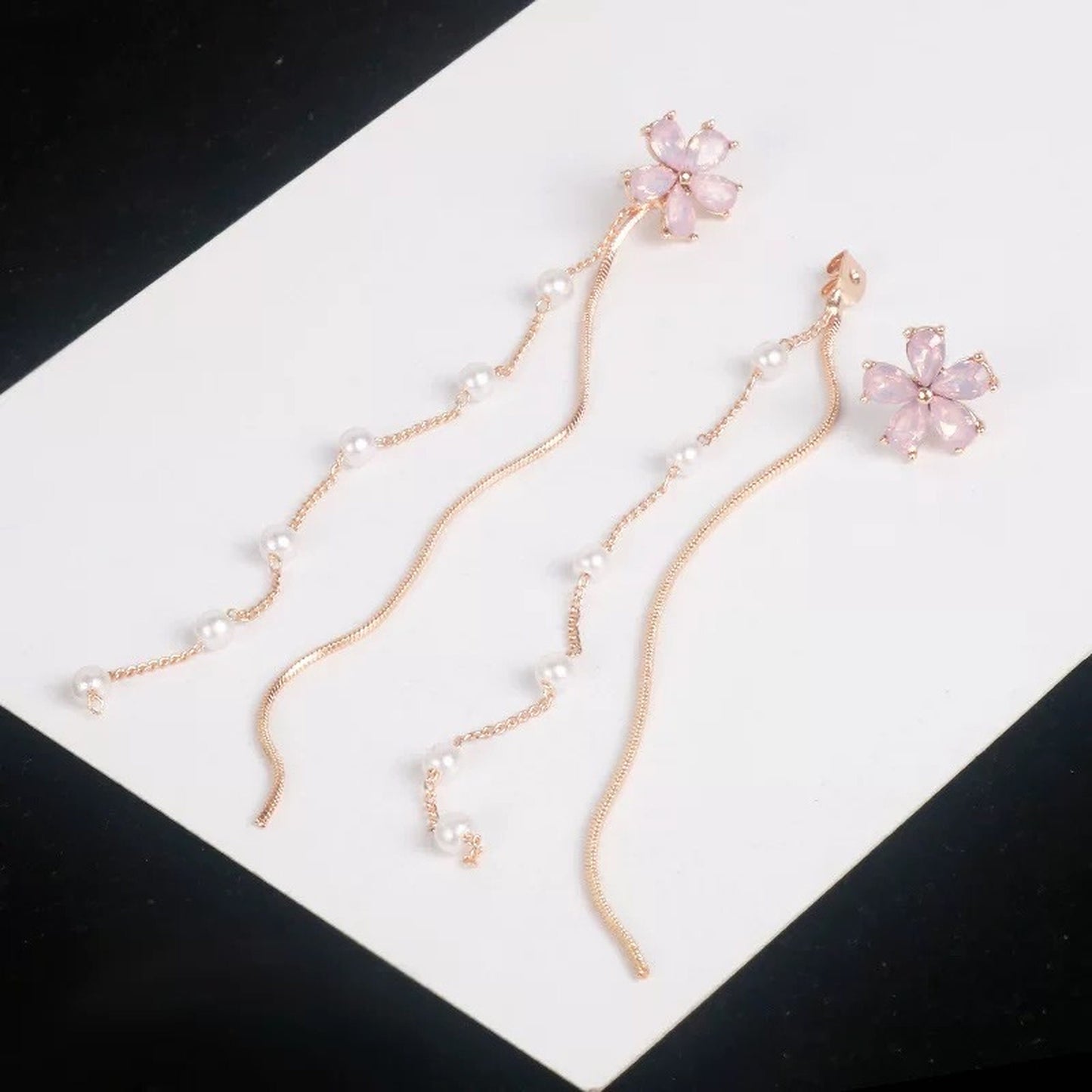 2 Ways pink cherry blossom earrings, Rose gold DIY floral earrings, Pearl drop dangle earrings, Long fringe earrings, Sakura flower earrings