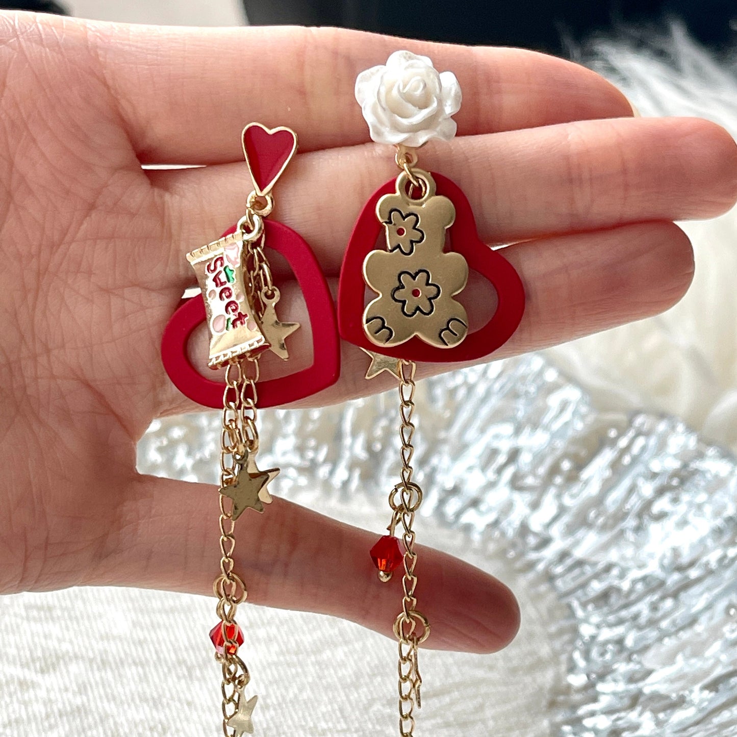 Sweet heart dangle earrings, Teddy bear earrings, Gold star earrings, Red heart earrings, Statement long dangle earrings, Candy earrings