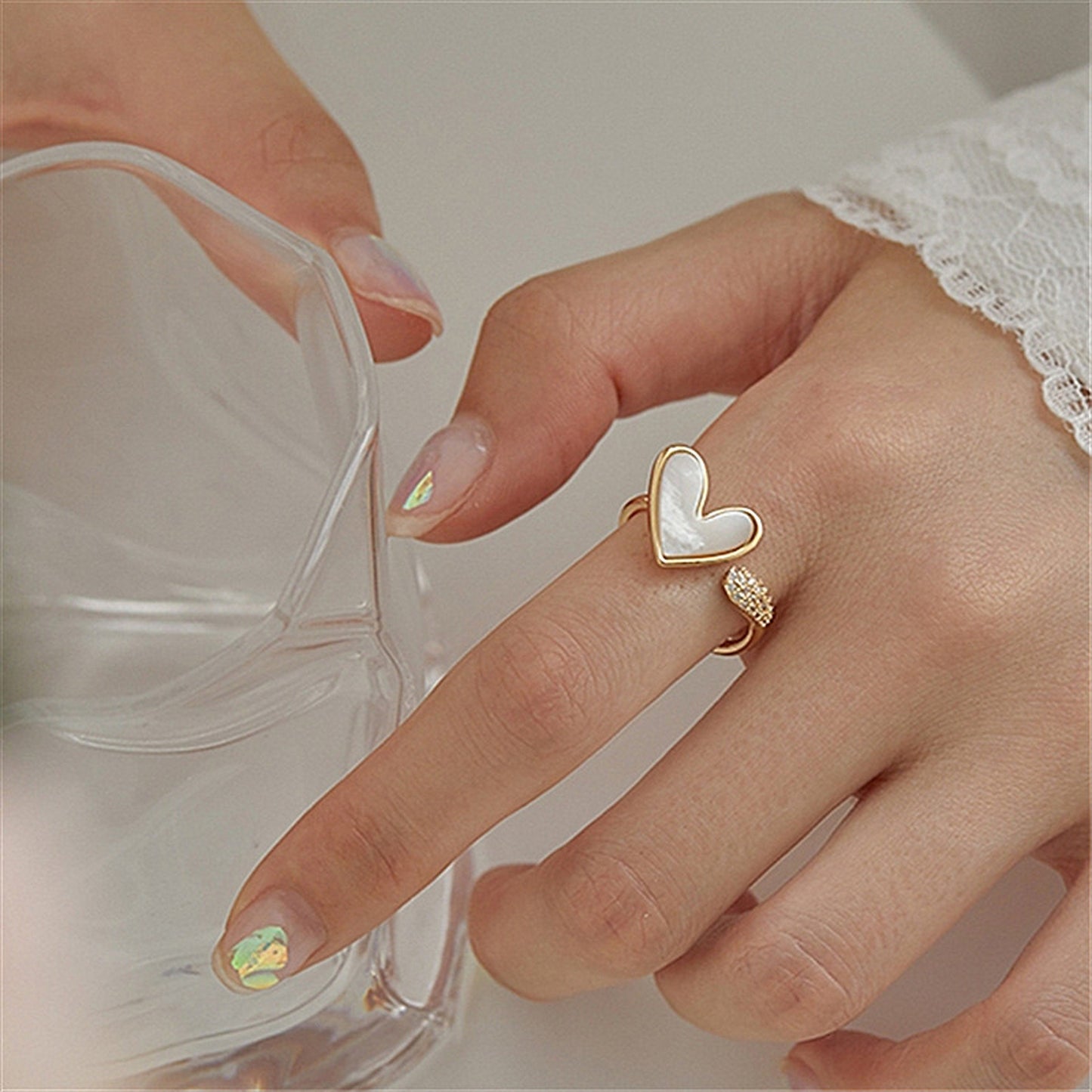 Mother of pearl ring, Heart shaped ring, Angel love ring, Open shell ring, White heart ring, Cute statement ring, Gold chunky ring, y2k ring
