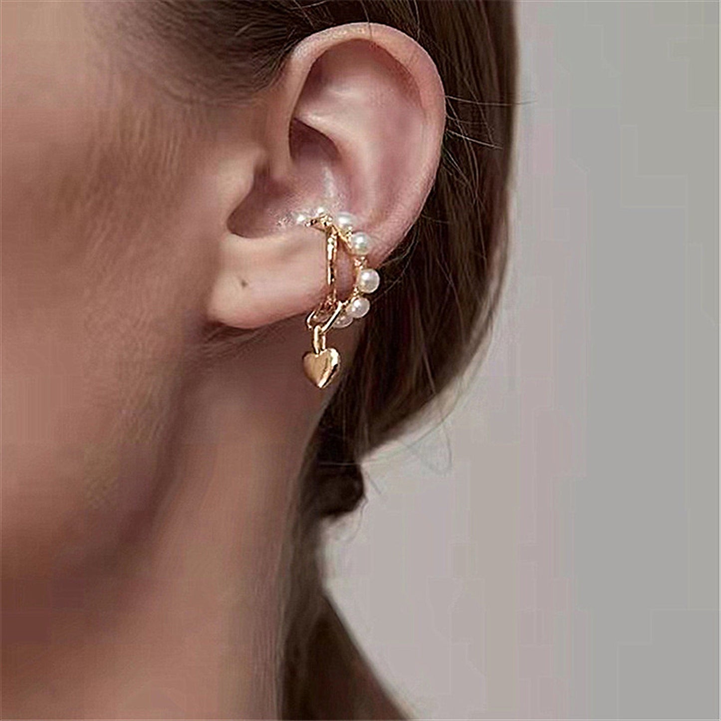 Gold dangle pearl ear cuff, Non pierced ear climber, Infinity heart ear jacket, Twist eternity ear cuff, Romantic ear wrap, Dainty earrings
