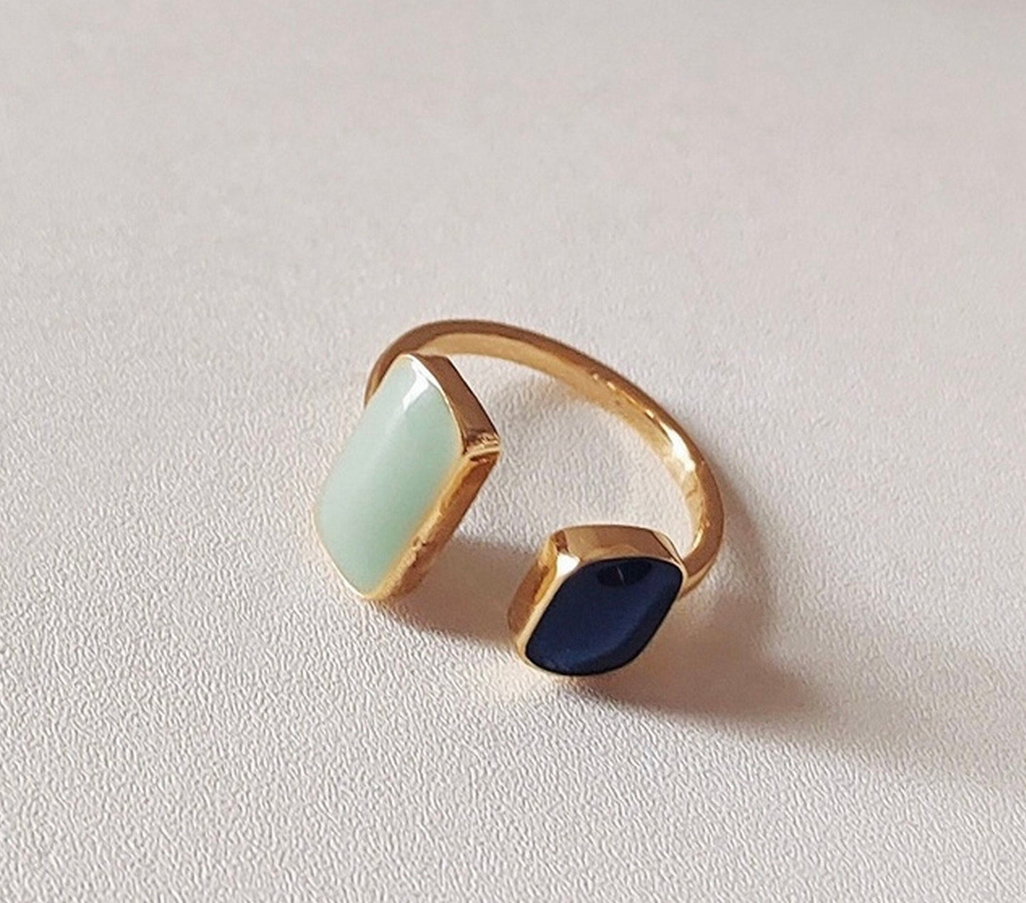 Geometric square signet ring, Blue rings, Avant Garde cocktail ring, Unisex mens rings, Gold open ring, Chunky rings, Unique birthday gift