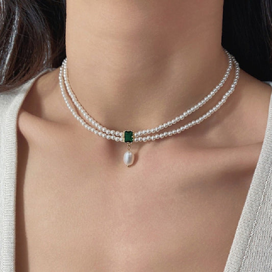 Emerald pearl gold necklace, Double layer choker, Emerald green necklace, Real pearl pendant, Baroque pearl necklace choker, Vintage style