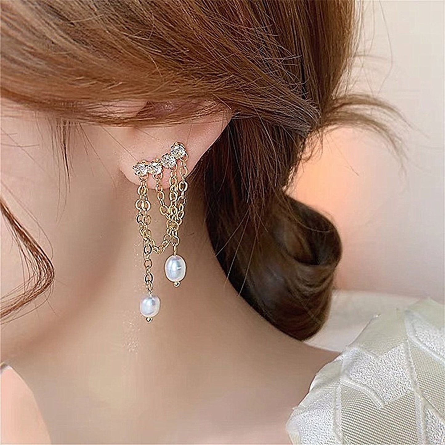 Multi layer dangle earrings, Gold tassel earrings, Natural pearl drop earrings, Rhinestone CZ ear climber crawler, Handmade bridesmaid gift