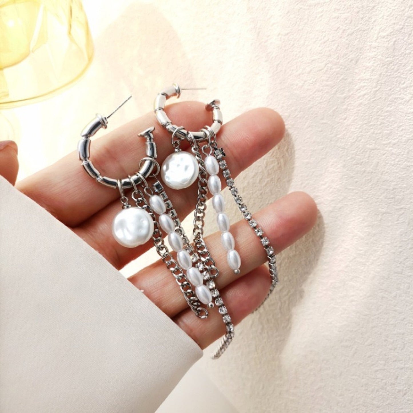 Punk silver earrings, Baroque pearl earrings, Long tassel fringed drop earrings, Y2K hoop earrings, Kpop earrings, Korean Streetwear Jewelry