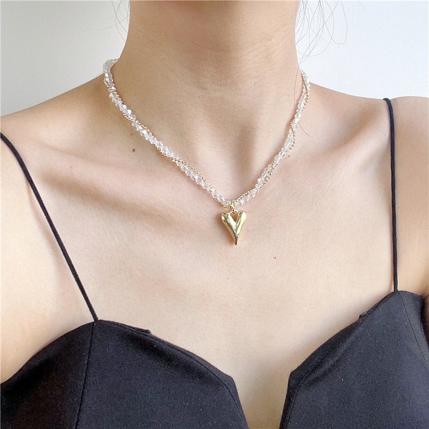 Double Layering Necklace, 2 Strand Twisted Necklace, Gold Heart Pendant, Crystal Necklace, Double Strand Statement Choker, Layering Necklace