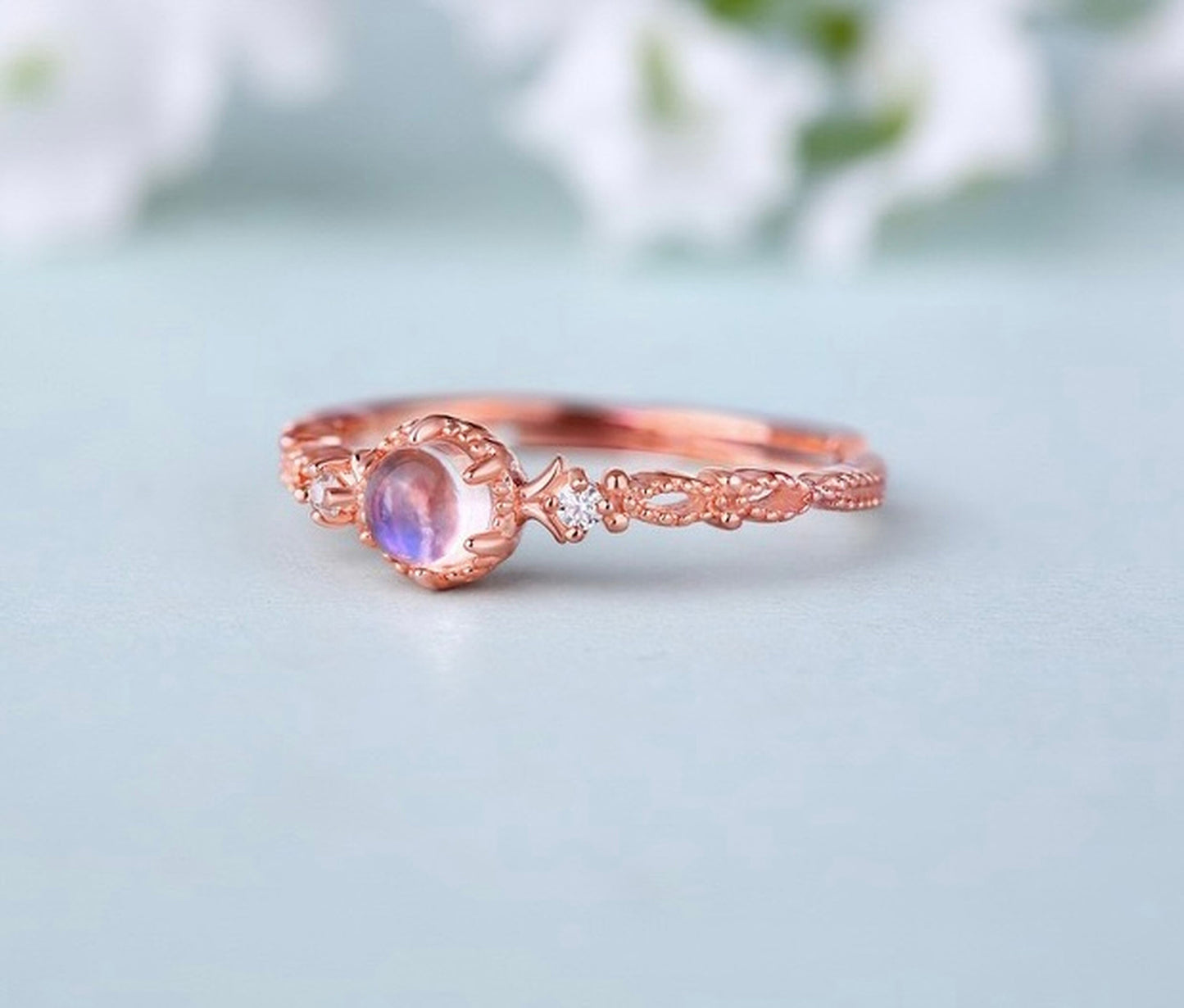 Moonstone energy ring, Rose gold stacking ring, Diamond cz ring, Round moonstone cocktail ring, Open adjustable ring, Dainty birthday gifts