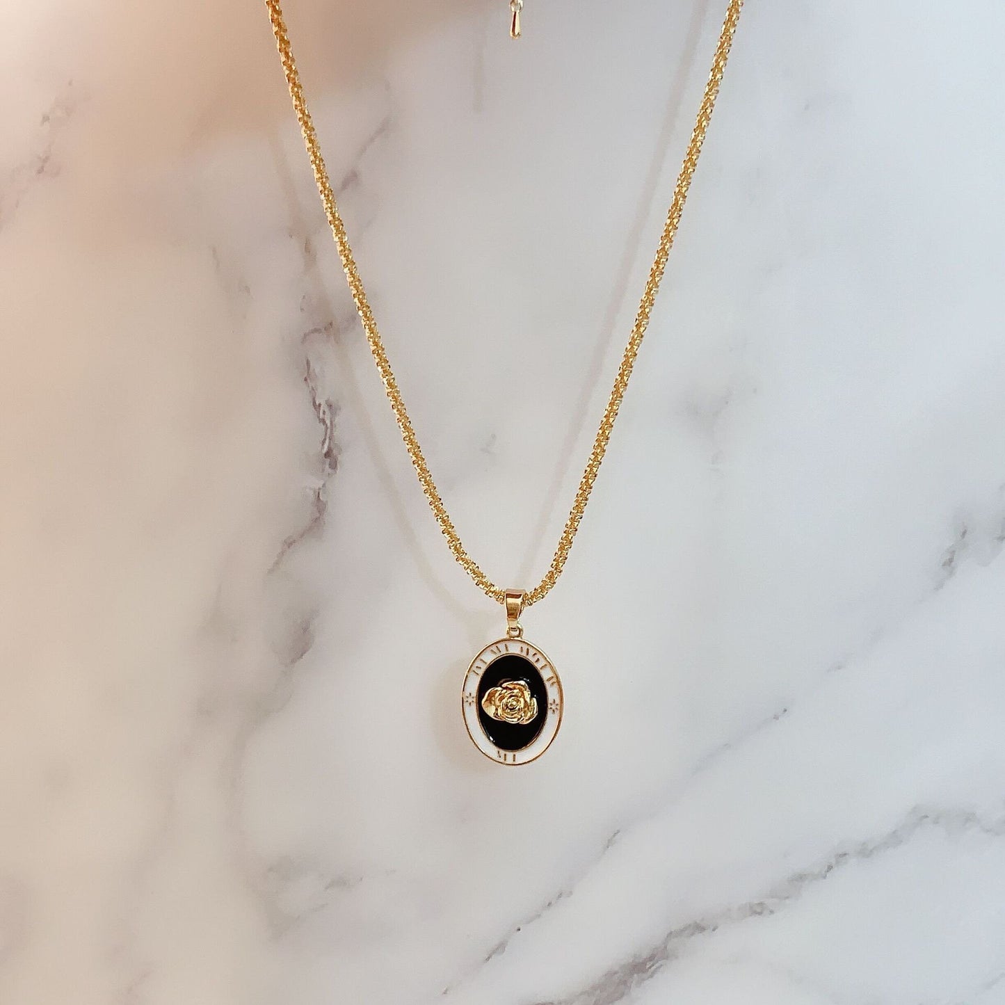 Gothic statement necklace, Engraved gold rose chopin necklace, Black and white necklace, Punk enamel necklace pendant, Y2K vintage necklace