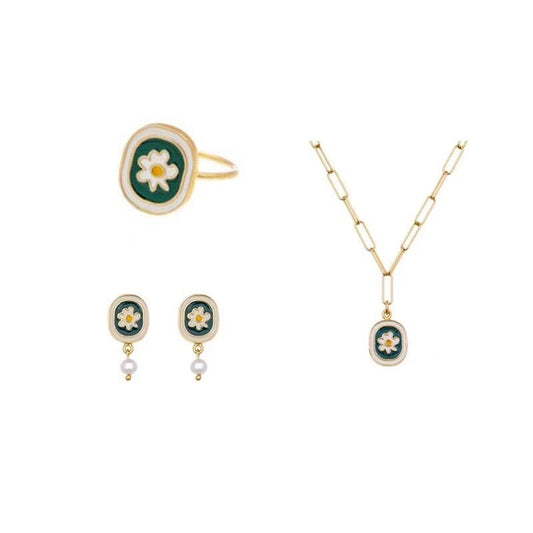 Engraved Daisy Flower Signet Enamel Jewelry Set | Y2K Punk Streetwear Charm Jewelry Gift