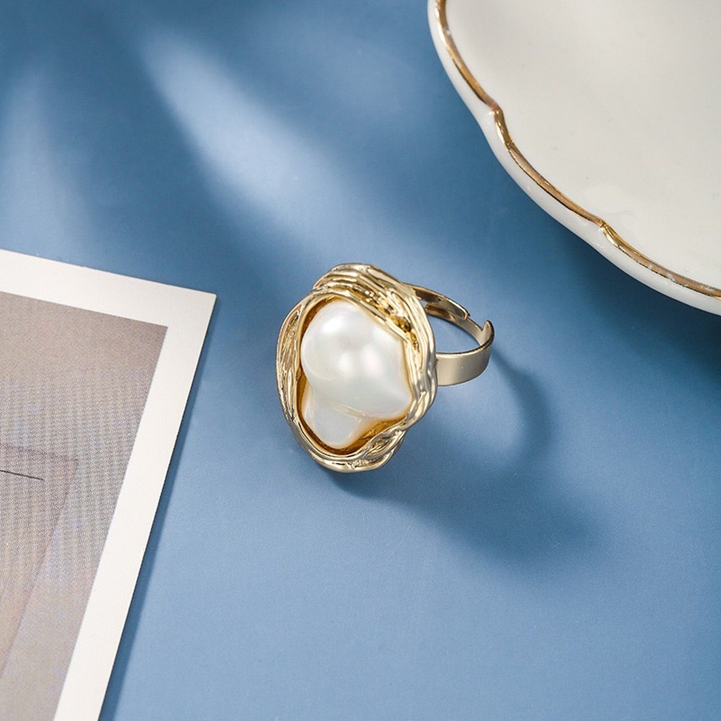 Baroque Pearl Statement Ring, Chunky Rings, Oval Gemstone Ring, Handmade Vintage Gold Ring, Open Stackable Large Cocktail Ring, Gift for Her