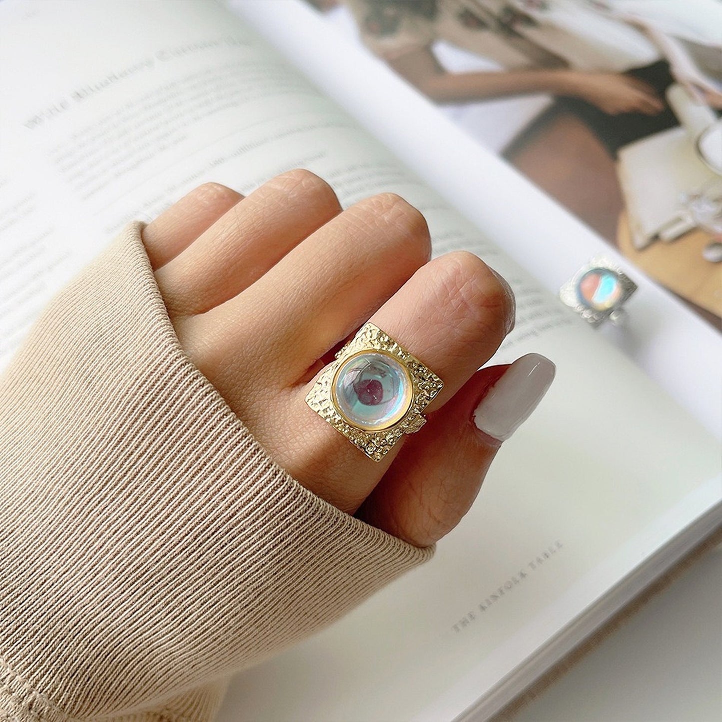 Moonstone statement ring, Square shaped signet ring, Energy crystal power ring, Gothic rings, Open ring, Y2K chunky rings, Birthstone gifts