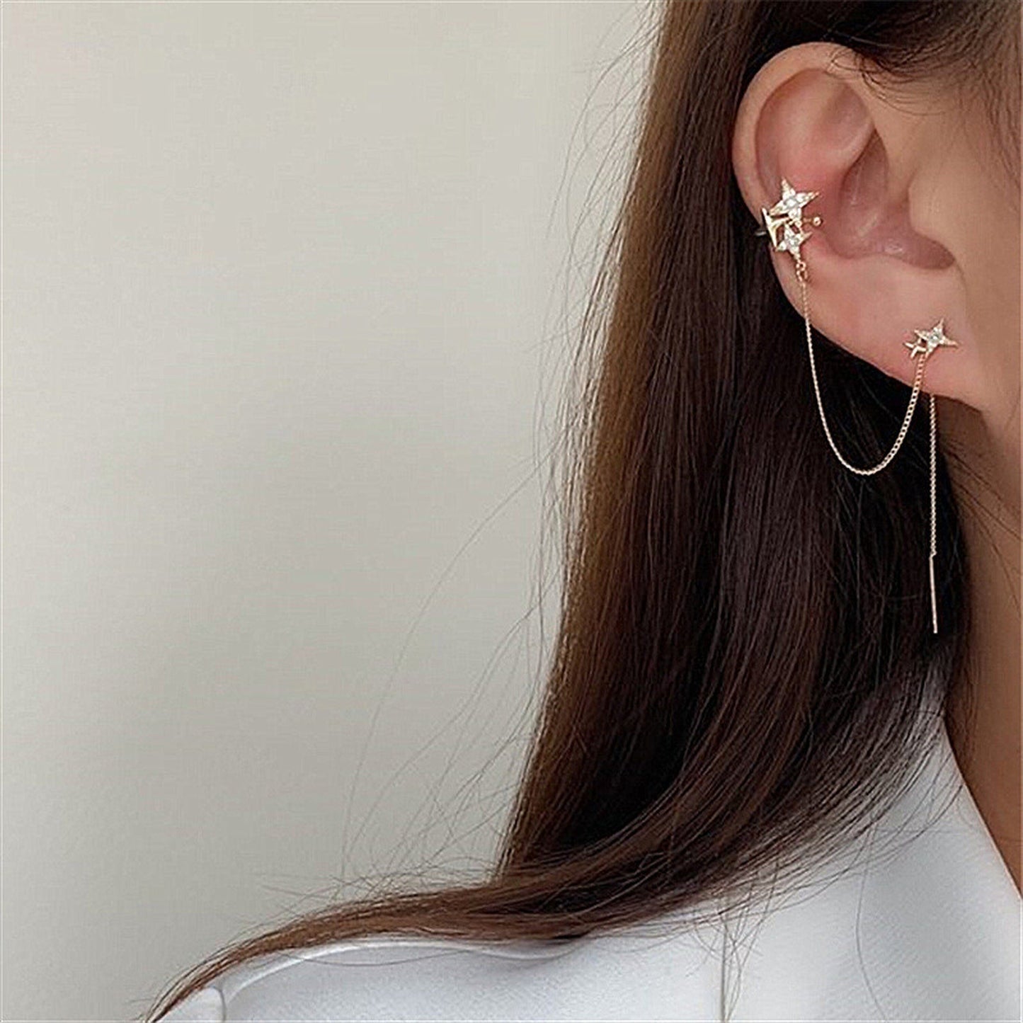 Gold north star cuff earrings, Asymmetric mismatched starburst threader, Minimalist celestial cz cluster earrings, Streetwear conch earrings