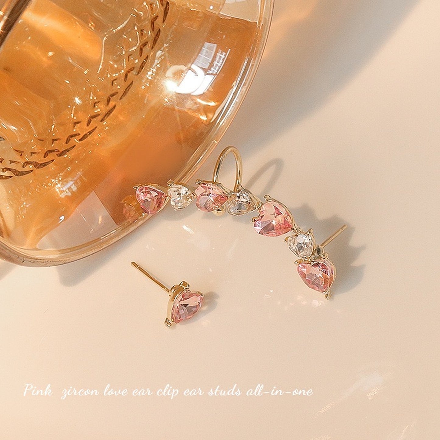 Pink heart ear cuff, Pink Cz ear climber, ear crawler, Fairy ear jewelry, Mismatched earrings,  Minimalist dainty earrings, Girly cute gift