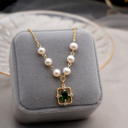 Emerald gold natural pearl necklace, Emerald pendant necklace, Dainty green emerald cz necklace, Bridesmaid wedding bridal necklace gifts