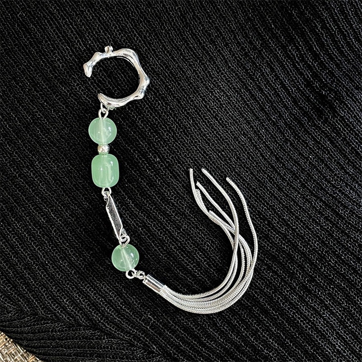 No piercing jade earrings, Long tassel dangle earrings, Ear cuff climber, Silver statement earrings, Green jade bead earings, Gift for mom