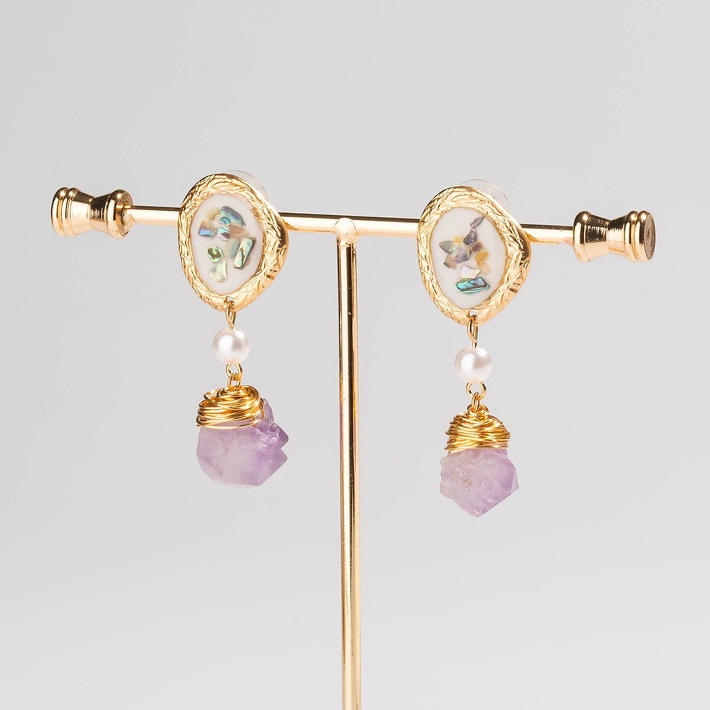 Natural raw purple crystal earrings, 14K gold filled natural pearl handmade earrings, Natural shell earrings, Lilac amethyst quartz earrings